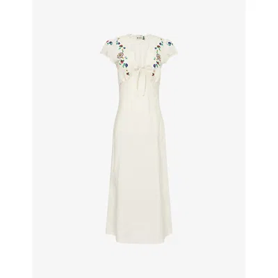Rixo London Womens Sun Embroidery Cream Amari Embroidered Linen-blend Midi Dress In White