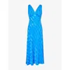 Rixo London Womens Sandrine Plunge-v-neck Woven Midi Dress Wave Jacquard Blue In Blue