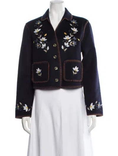 Pre-owned Rixo London Wool Floral Print Evening Jacket In Blue