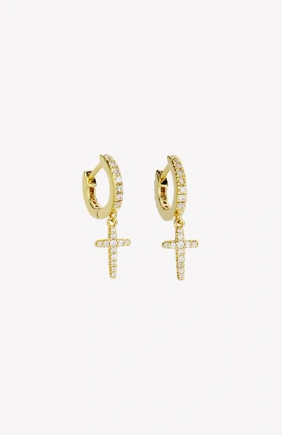 Rizen Jewelry Luminous Pavé Cross Huggie Hoop Earrings In Gold