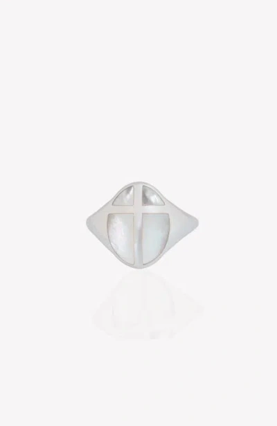 Rizen Jewelry Mother Of Pearl Cross Ring In Silver