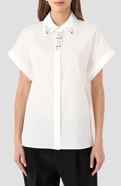 Rm Rebecca Minkoff Crystal Dolman Button-up Shirt In White
