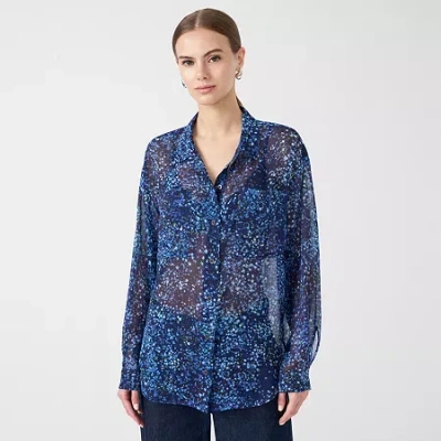 Rm Rebecca Minkoff Womens Cuffed Long Sleeve Regular Fit Button-down Shirt In Blue
