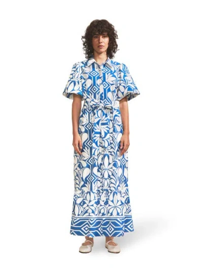Ro&zo Blue Tile Printed Cotton Shirt Dress