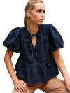 Ro&zo Denim Puff Sleeve Tie Neck Top In Blue