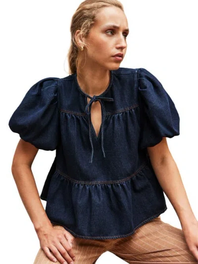 Ro&zo Denim Puff Sleeve Tie Neck Top In Blue