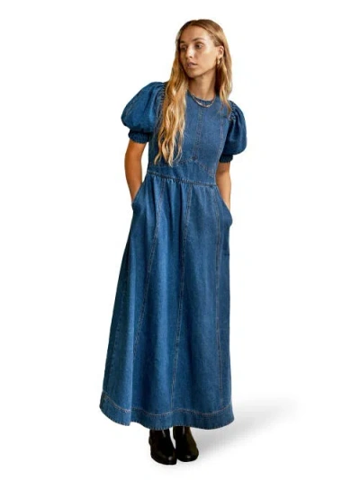 Ro&zo Denim Short Puff Sleeve Midi Dress In Blue