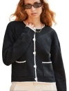 Ro&zo Long Sleeve Crew Neck Contrast Cardigan In Black