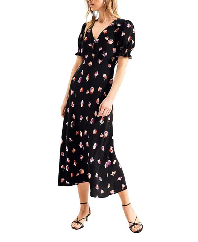 RO&ZO RO & ZO PANSY PRINT SHIRRED CUFF MIDI DRESS