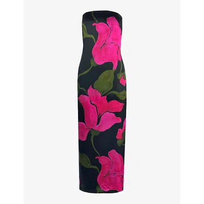 Ro&zo Kira Floral-print Bandeau Satin Maxi Dress In Black