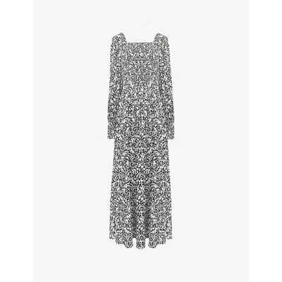 Ro&zo Mono Floral-print Shirred-front Woven Midaxi Dress In Black
