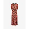 RO&ZO RO&ZO WOMEN'S BLACK ROSE-PRINT RUCHED CREPE MIDI DRESS