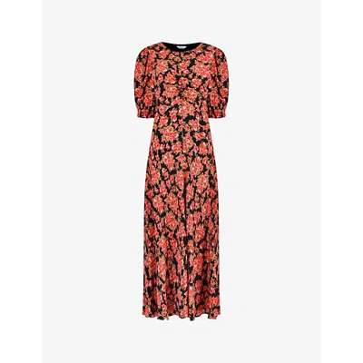 Ro&zo Rose-print Ruched Crepe Midi Dress In Black