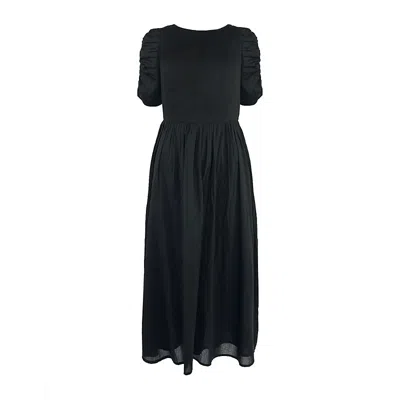 Ro&zo Round-neck Puff-sleeve Cotton Midi Dress In Black