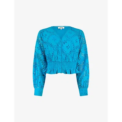 Ro&zo Broderie Shirred-waist Cotton Top In Blue