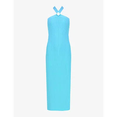 Ro&zo Circular-buckle Halter-neck Knitted Maxi Dress In Blue