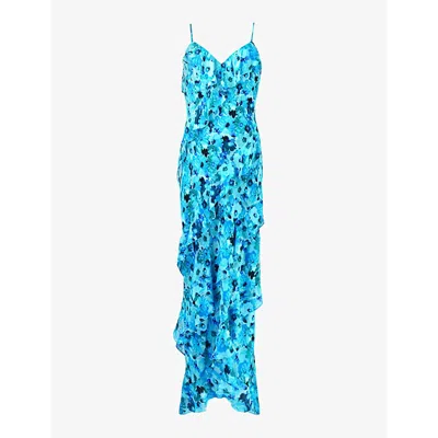 Ro&zo Floral-print Ruffle-trim Woven Maxi Dress In Blue