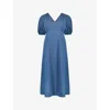 RO&ZO RO&ZO WOMEN'S BLUE SHIRRED-SHOULDER RELAXED-FIT COTTON MIDI DRESS