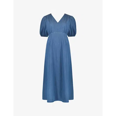 Ro&zo Shirred-shoulder Relaxed-fit Cotton Midi Dress In Blue