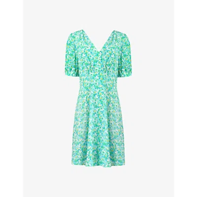 Ro&zo Ditsy-print Shirred Crepe Mini Dress In Green