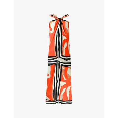 Ro&zo Placement-print Halterneck Woven Maxi Dress In Red
