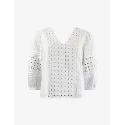 Ro&zo V-neck Broderie Cotton Top In White