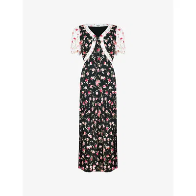 Ro&zo Womens Contrast Rose-print Puff-sleeve Woven Midi Dress Black