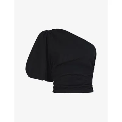 Ro&zo Womens Black One-shoulder Cropped Cotton-poplin Top