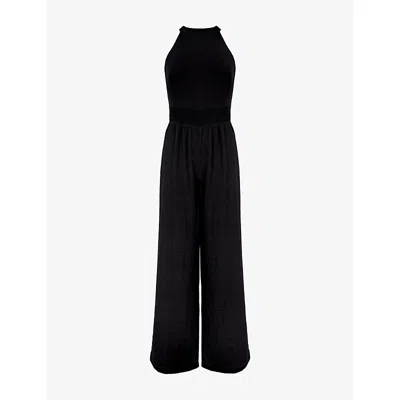 Ro&zo Womens Black Shirred-waist Halterneck Sleeveless Cotton Jumpsuit