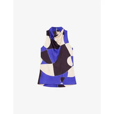 Ro&zo Womens Blue Cowl-neck Abstract-print Woven Top