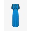 Ro&zo Womens Ditsy-print Puff-sleeve Woven Midi Dress Blue In Blue