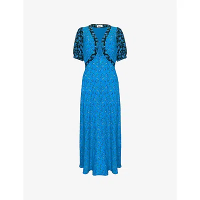 Ro&zo Womens Ditsy-print Puff-sleeve Woven Midi Dress Blue