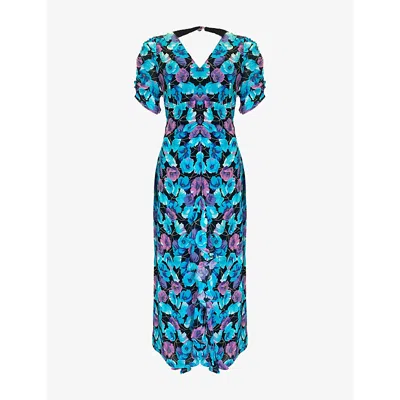 Ro&zo Womens Blue Floral-print Frill-front Woven Midi Dress