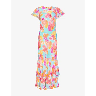 Ro&zo Womens Hazel Floral-print Frill-sleeve Woven Maxi Dress Blue