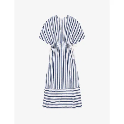 Ro&zo Womens Blue Striped V-neck Linen-cotton Midi Dress