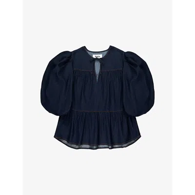 Ro&zo Womens Blue Tiered Puff-sleeve Denim Top