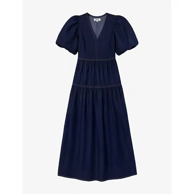 Ro&zo Womens Blue V-neck Puff-sleeve Denim Maxi Dress