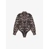 Ro&zo Womens Brown Leopard-print Puff-sleeve Woven Bodysuit In Brown