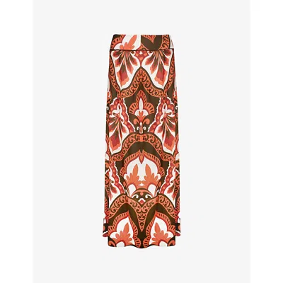 Ro&zo Womens Tile-print High-waist Woven Maxi Skirt Brown