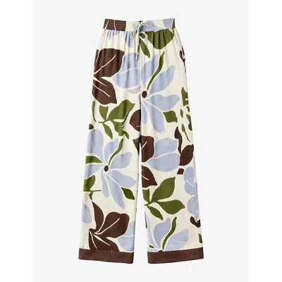 Ro&zo Womens Capri Floral-print Elasticated-waist Linen-blend Trousers Multi