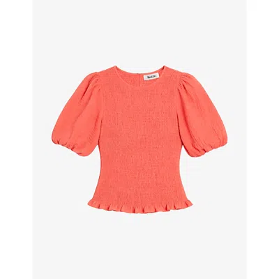 Ro&zo Womens Coral Cheesecloth Puff-sleeve Shirred Cotton Top In Orange