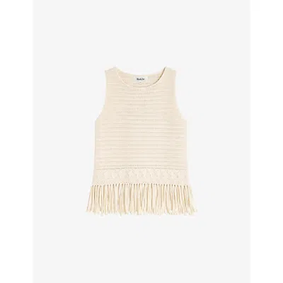 Ro&zo Womens Cream Sleeveless Fringed-hem Cotton Top In White