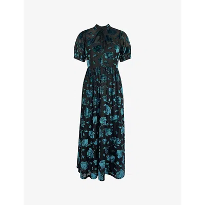 Ro&zo Womens Teal Erin Floral-pattern Stretch-woven Midi Dress