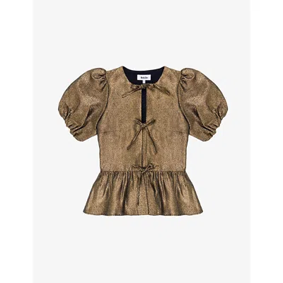 Ro&zo Womens Tie-front Puff-sleeve Woven Top Gold In Multi