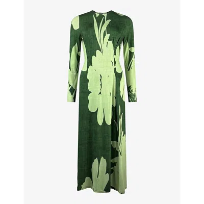 Ro&zo Womens Floral-print Long-sleeve Stretch-jersey Midi Dress Green