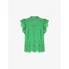 Ro&zo Womens Green Flutter-sleeved Broderie-pattern Cotton Blouse
