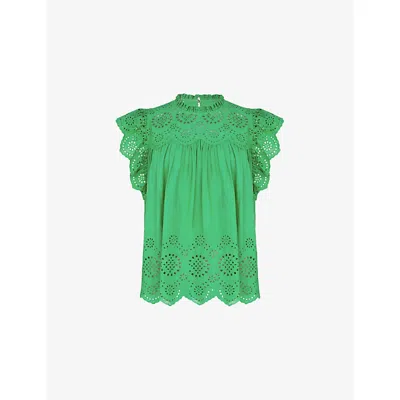Ro&zo Womens Green Flutter-sleeved Broderie-pattern Cotton Blouse