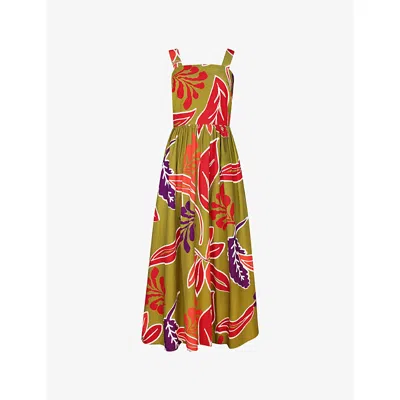 Ro&zo Womens Leaf-print Square-neck Cotton Midi Dress Green