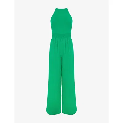 Ro&zo Womens Green Shirred-waist Halterneck Sleeveless Cotton Jumpsuit