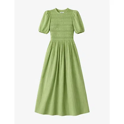 Ro&zo Womens Green Shirred-bodice Puff-sleeve Cotton-blend Midi Dress